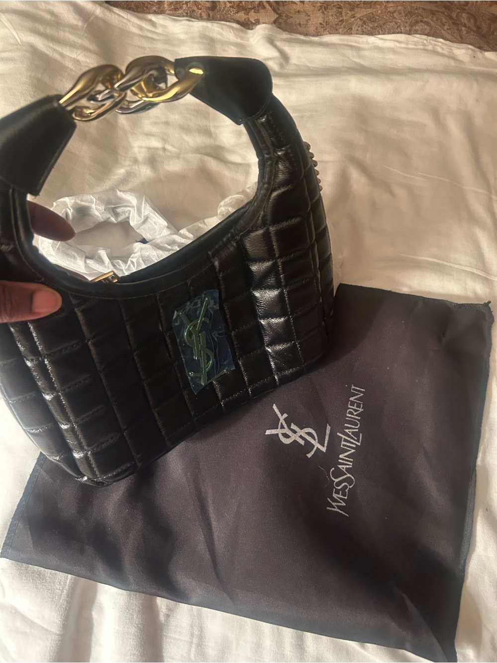 Saint Laurent Black Quilted Leather Hobo with Gold Chain